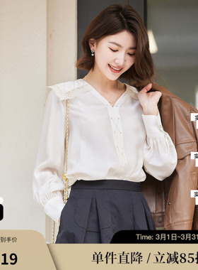 XG/雪歌XJ121518A860蕾丝拼接长袖衬衫时尚春季新款海军领上衣女