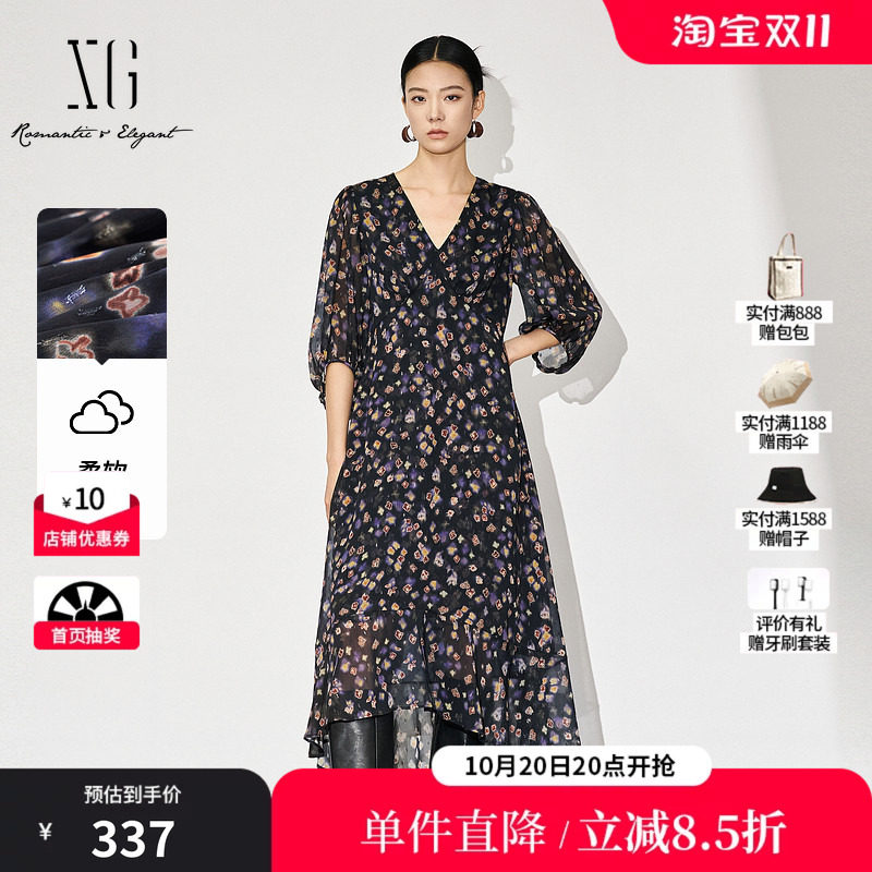 XG/雪歌XL304869A806七分袖连衣裙2025秋季新款高腰印花中长裙女