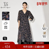 高腰印花中长裙女 新款 雪歌XL304869A806七分袖 连衣裙2025秋季