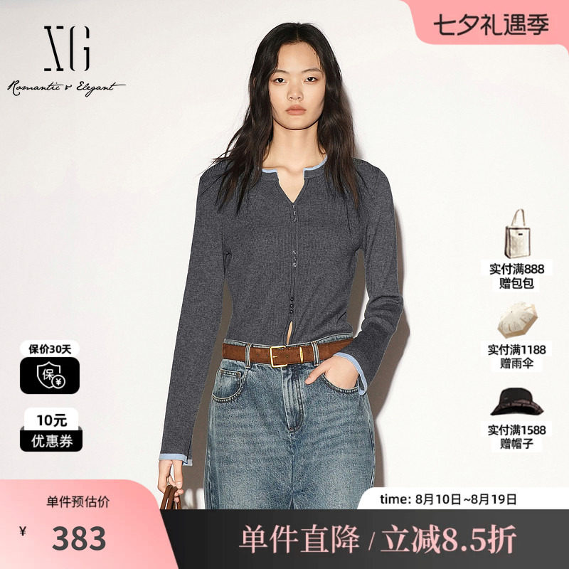 XG/雪歌 XL311013A483深灰色羊毛混纺撞色圆领长袖针织衫毛衣女装