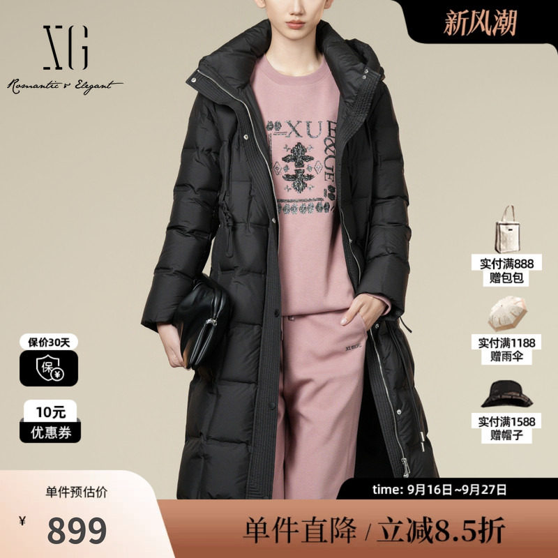 XG/雪歌 XK406018A290黑色连帽绑带白鸭绒羽绒服保暖中长外套女装