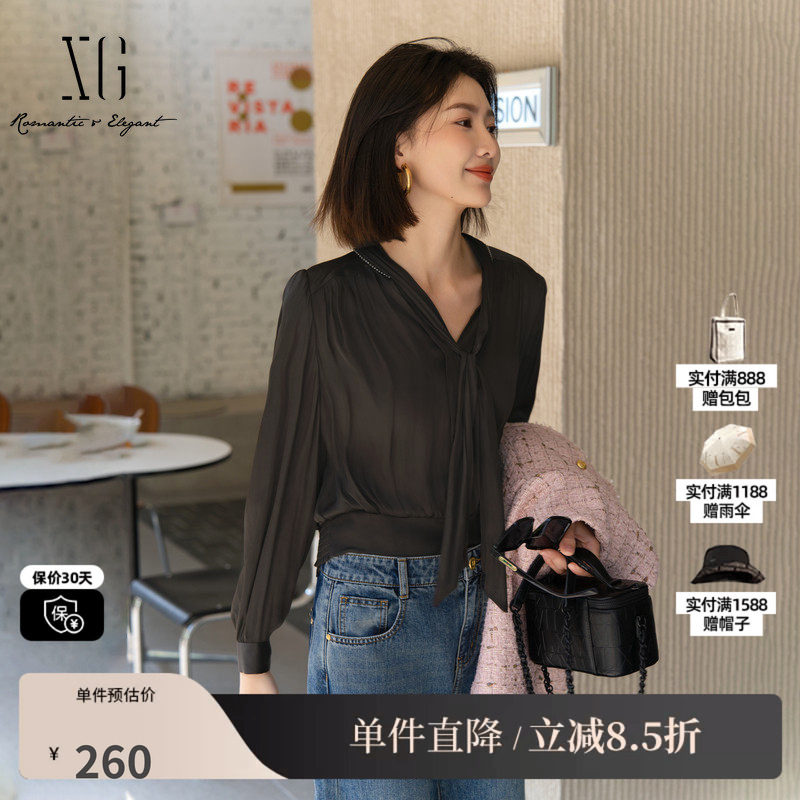 XG雪歌XK321026A390黑色系带长袖衬衫2025秋季新款通勤套头上衣女