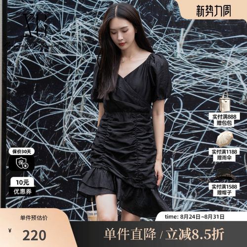 XG/雪歌XJ204077A990黑色高腰短袖连衣裙时尚夏季新款莱赛尔女装