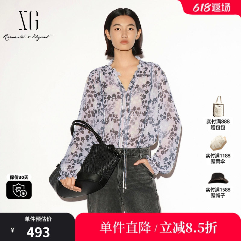 XG/雪歌 XL321019B193碎花花边领系带长袖衬衫宽松花版简约风女装