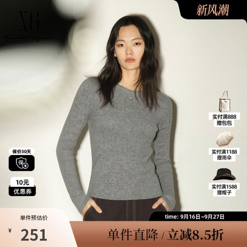 XG/雪歌 XM411841A884灰色羊毛混纺圆领修身针织衫弹力打底内搭女
