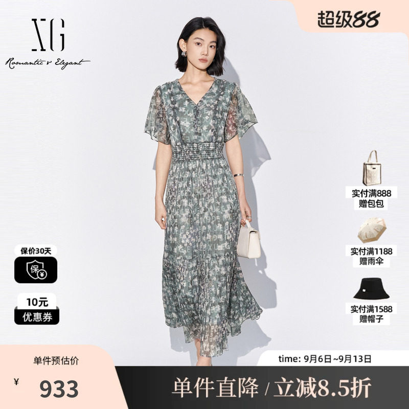 XG/雪歌XL204054BE93 碎花V领飞袖连衣裙松紧高腰A字薄款长裙女装