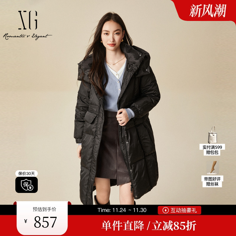 XG雪歌XJ406076A390中长款鹅绒羽绒服时尚冬季新款黑色保暖外套女