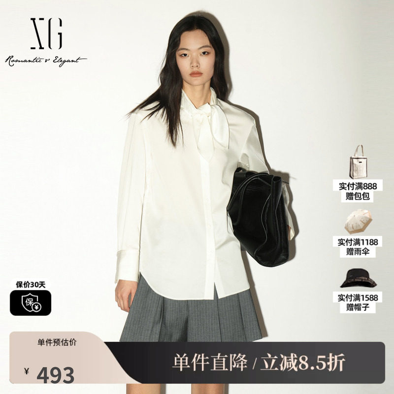 XG/雪歌 XL321005A251白色莱赛尔兔耳绑带长袖衬衫翻领直筒简约女