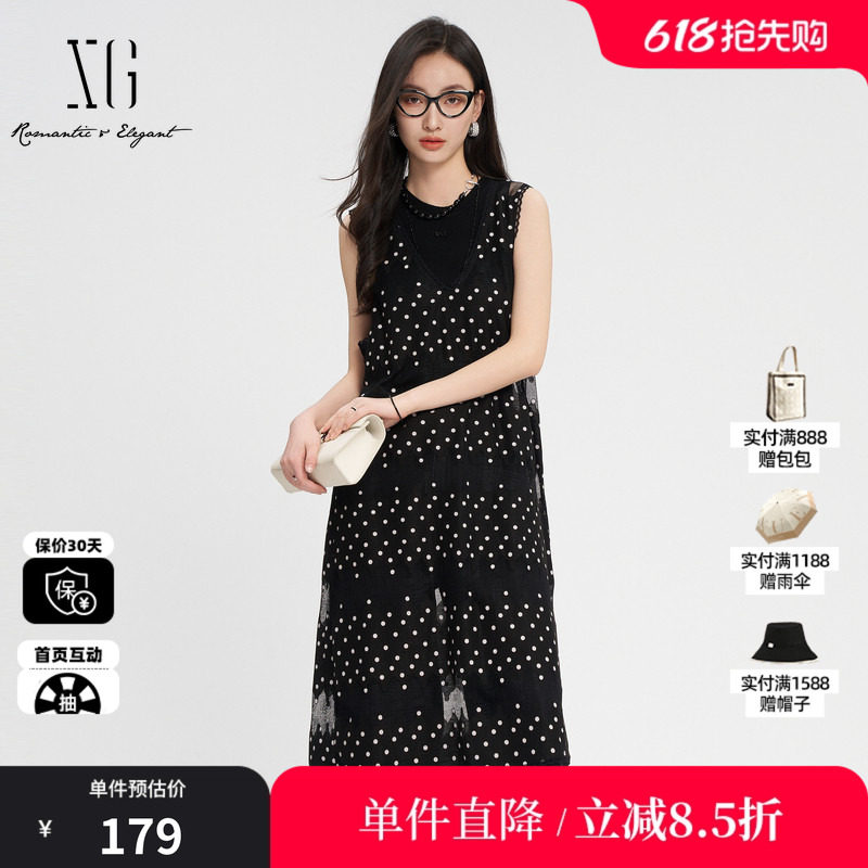 XG雪歌XK204655B890黑色无袖连衣裙时尚夏季新款棉感背心中长裙女