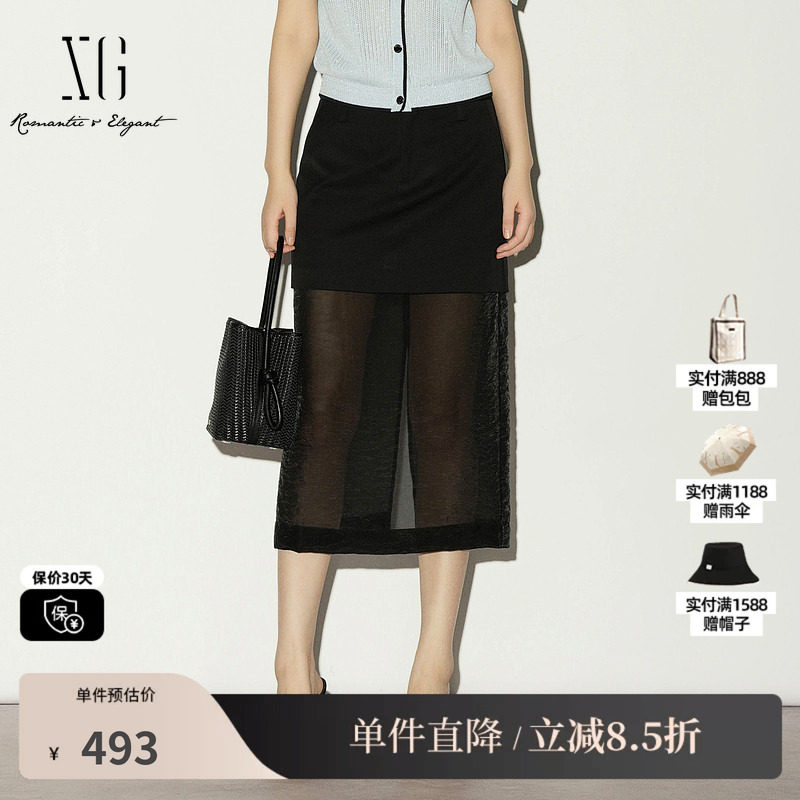 XG/雪歌XL203009A290黑色网纱拼接半身裙中长款透视A字直筒裙女装