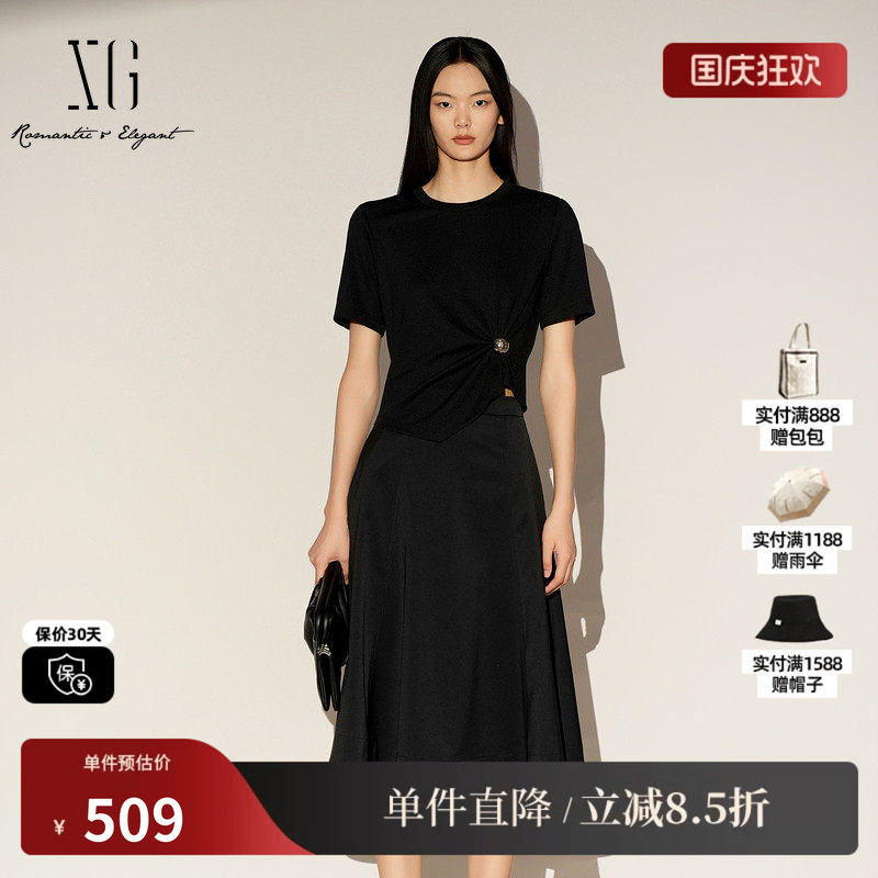 XG/雪歌XL104018A590黑色圆领T恤拼接连衣裙短袖显瘦中长伞裙女装