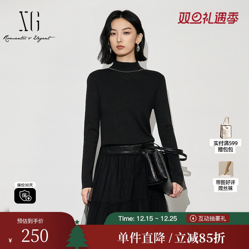 XG雪歌XL411644A890黑色长袖毛衣2025冬季新款烫钻绵羊毛针织衫女