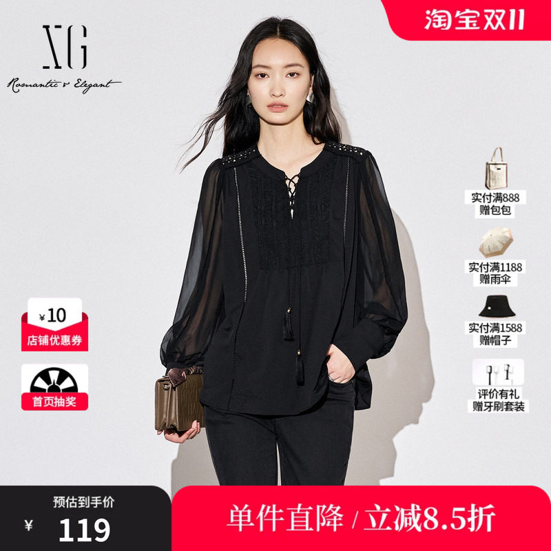 XG雪歌XJ321031A590网纱拼接长袖衬衫时尚秋季新款黑色镂空上衣女