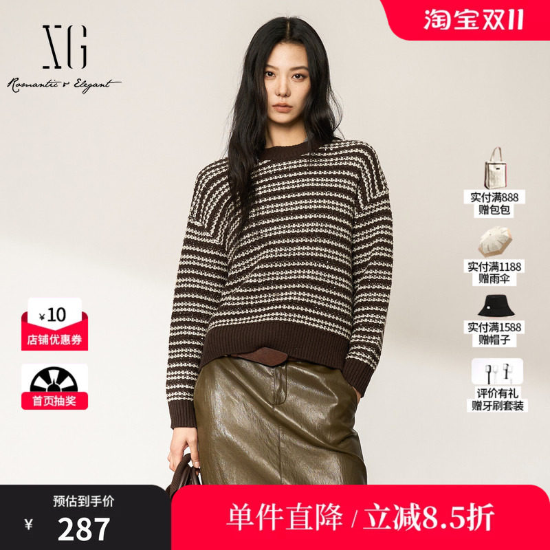 XG/雪歌 XM411532B899条纹亮片绵羊毛混纺毛衣圆领宽松慵懒上衣女