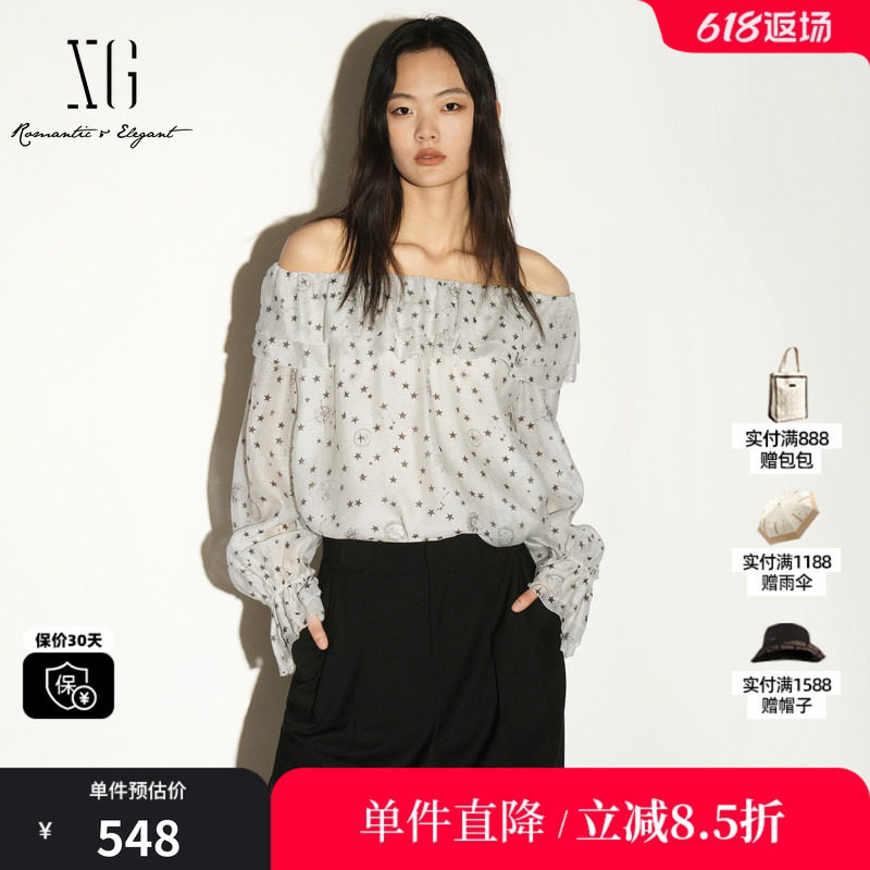 XG/雪歌 XL321018B292白色星星波点莱赛尔一字领长袖衬衫多穿女装