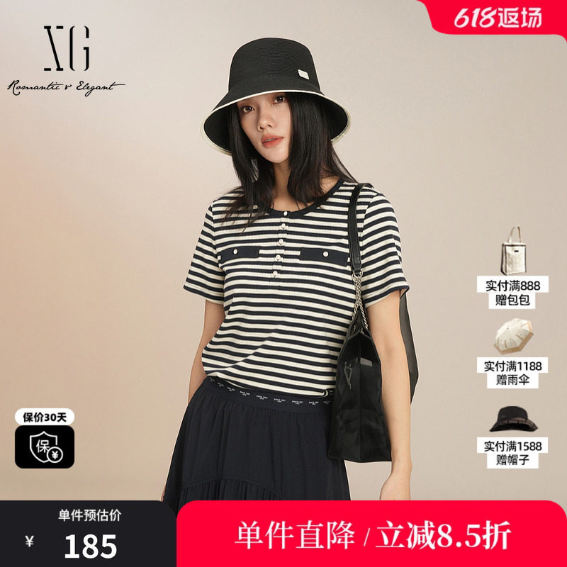 XG/雪歌XK201003B499黑白条纹短袖T恤圆领直筒显瘦休闲纽扣上衣女