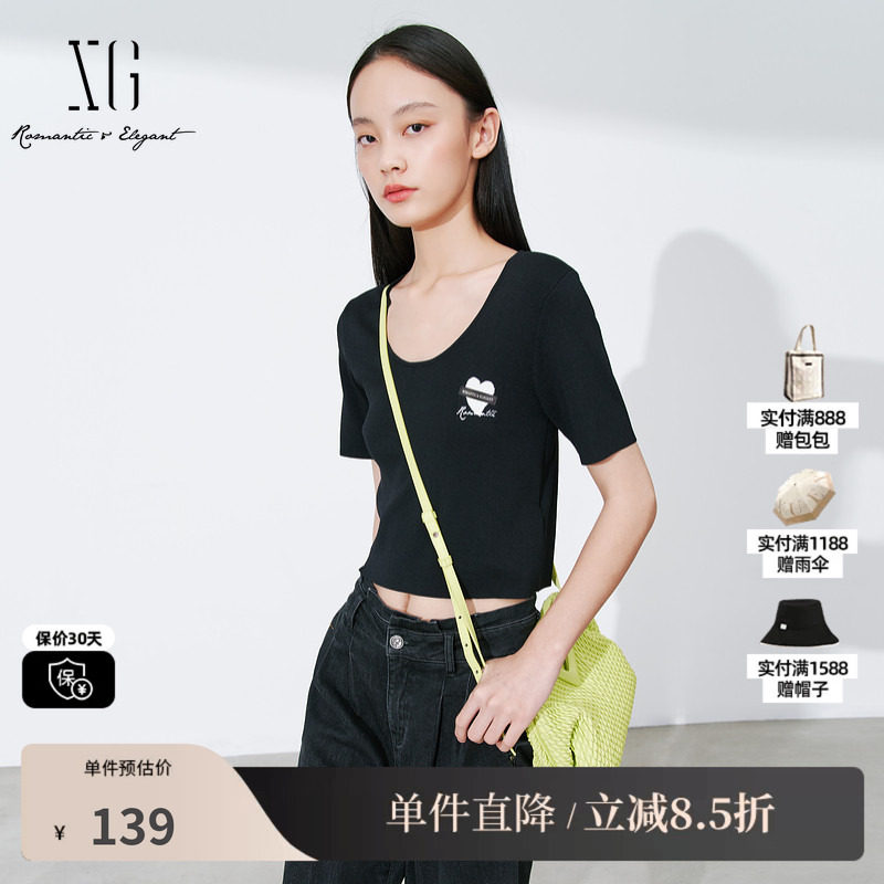 XG雪歌XL111007A490短款黑色毛针织衫2025秋季新款修身套头毛衫女