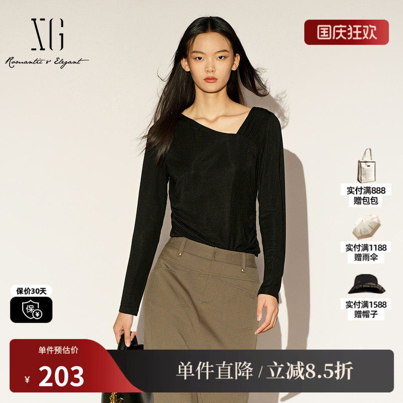 XG/雪歌XL101009A290莱赛尔V领长袖T恤修身显瘦微弹力打底上衣女