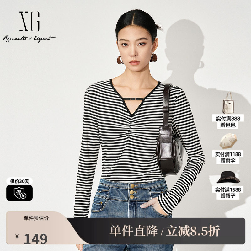XG/雪歌XK301003B299条纹长袖T恤2025秋季新款镂空V领休闲上衣女