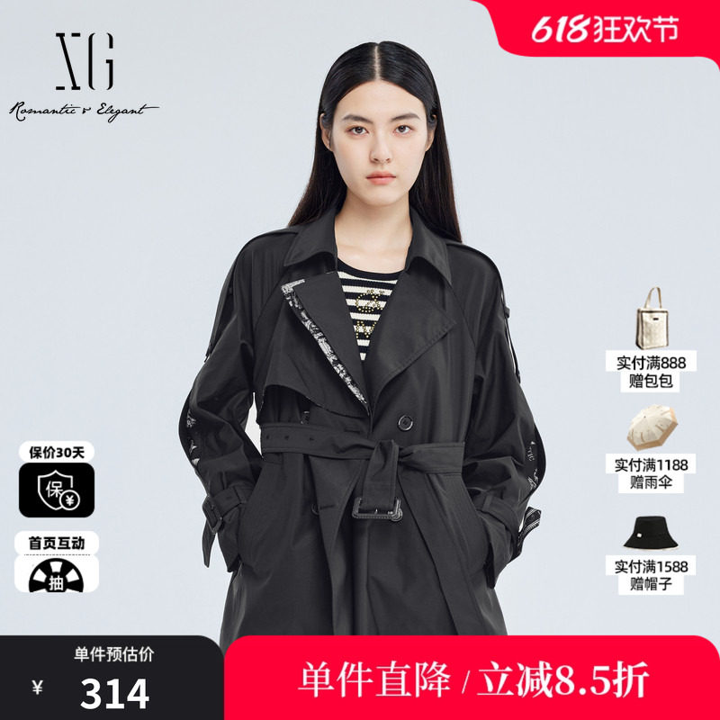 XG雪歌XJ308001A290黑色双排扣风衣时尚秋季新款收腰中长款外套女