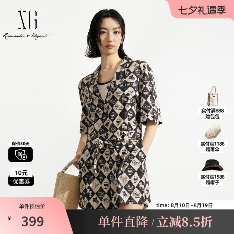 XG/雪歌XK202540B806 黑白花版莱赛尔翻领短袖休闲短裤连体裤女装