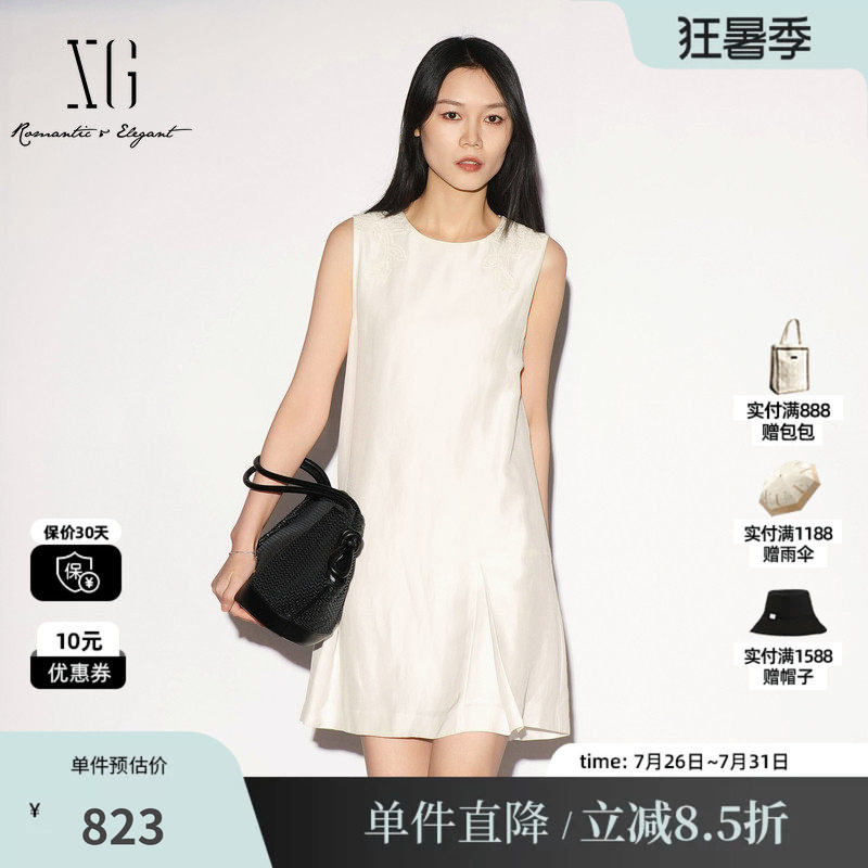 XG/雪歌XL204036A651白色醋纤无袖连衣裙圆领刺绣直筒A字中裙女装