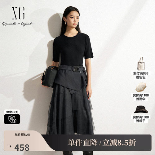 XG/雪歌XK104012B683假两件短袖连衣裙2025春季新款网纱中长裙女