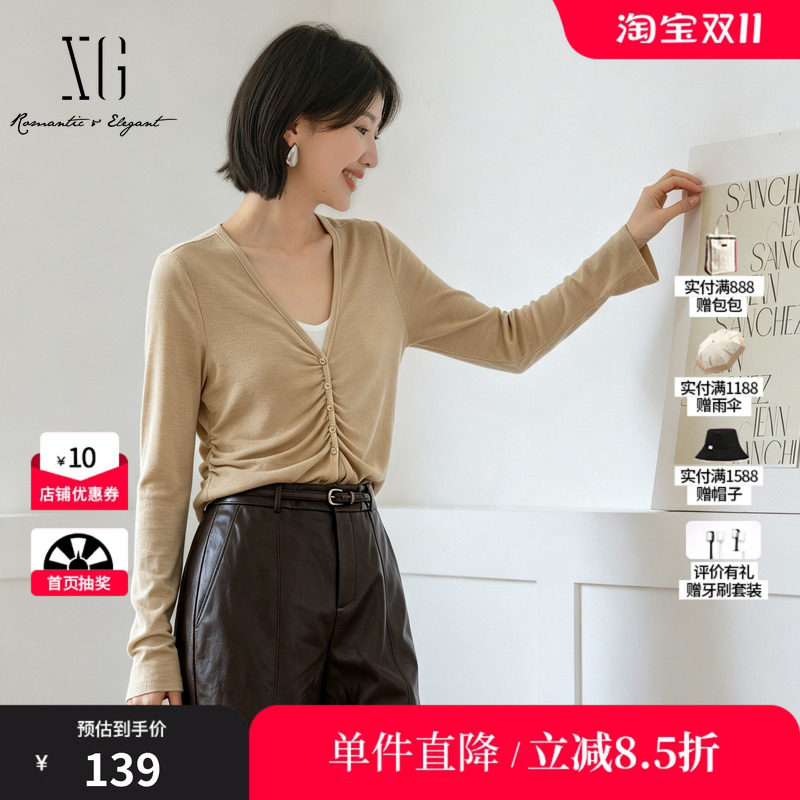XG/雪歌XK401803A830黄色羊毛混纺假两件长袖T恤捏褶直筒休闲女装