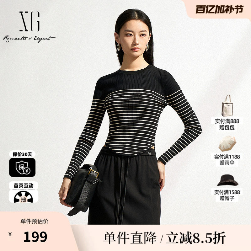 XG/雪歌XK111501A890 莱赛尔条纹针织衫黑色圆领套头毛衣打底修身
