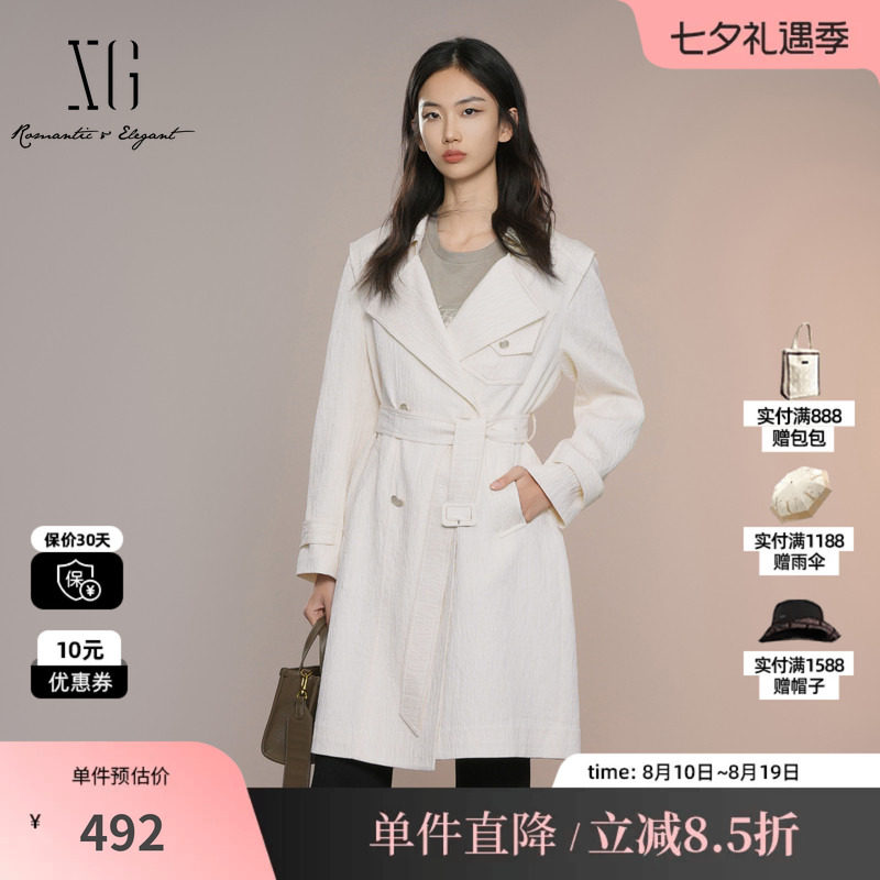 XG雪歌XK308013A491米白色中长款风衣2025秋季新款翻领长袖外套女