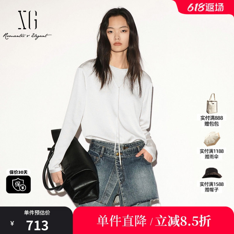 XG/雪歌 XL321009A291米白色系带圆领长袖套头衬衫宽松直筒简约女