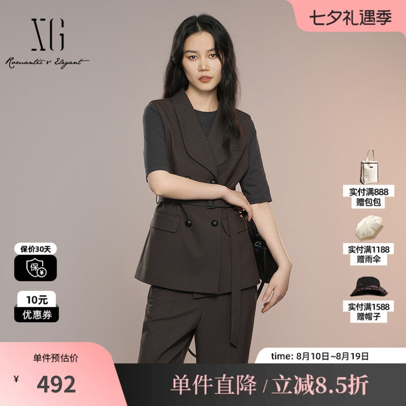 XG/雪歌XK324001A374 棕复古通勤无袖马夹收腰羊毛混纺马甲外套女