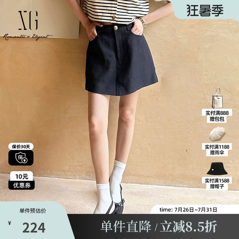 XG/雪歌XK302711A828藏青色A字阔腿休闲口袋短裤通勤简约显瘦女装