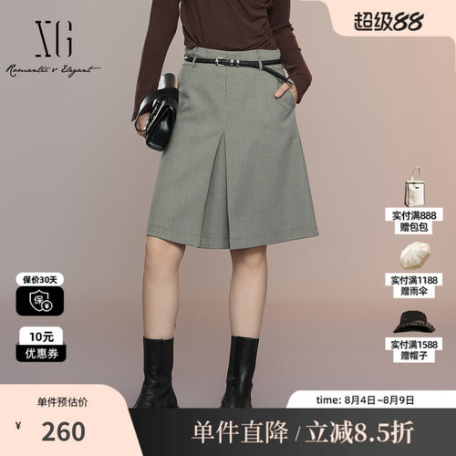 XG/雪歌XK303015B595格纹半身裙2025秋季新款中长款开叉包臀裙女