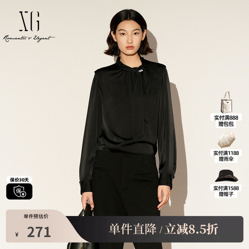 XG/雪歌XL121007A190黑色立领长袖衬衫2026春季新款飘带上衣女装