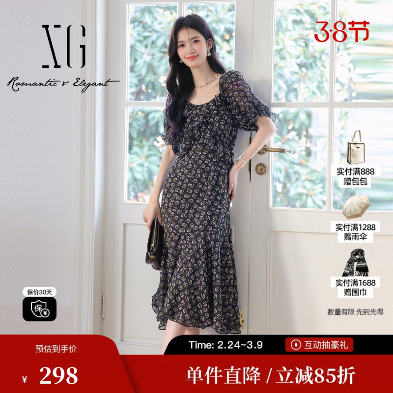 XG/雪歌XK104526B806碎花泡泡袖连衣裙时尚春季新款中长款A字裙女