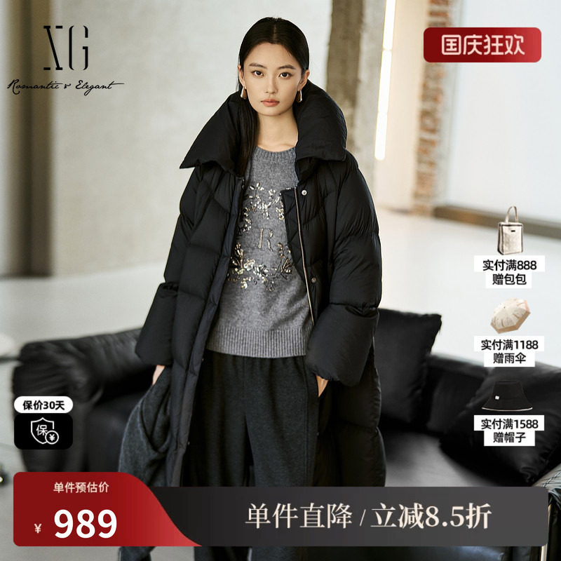 XG雪歌XK406080A990中长款鸭绒羽绒服2025冬季新款长袖翻领外套女