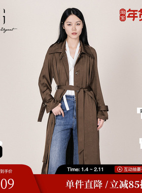 XG/雪歌XL108008A409 咖色直筒中长风衣衬衫领垂感高级休闲外套女