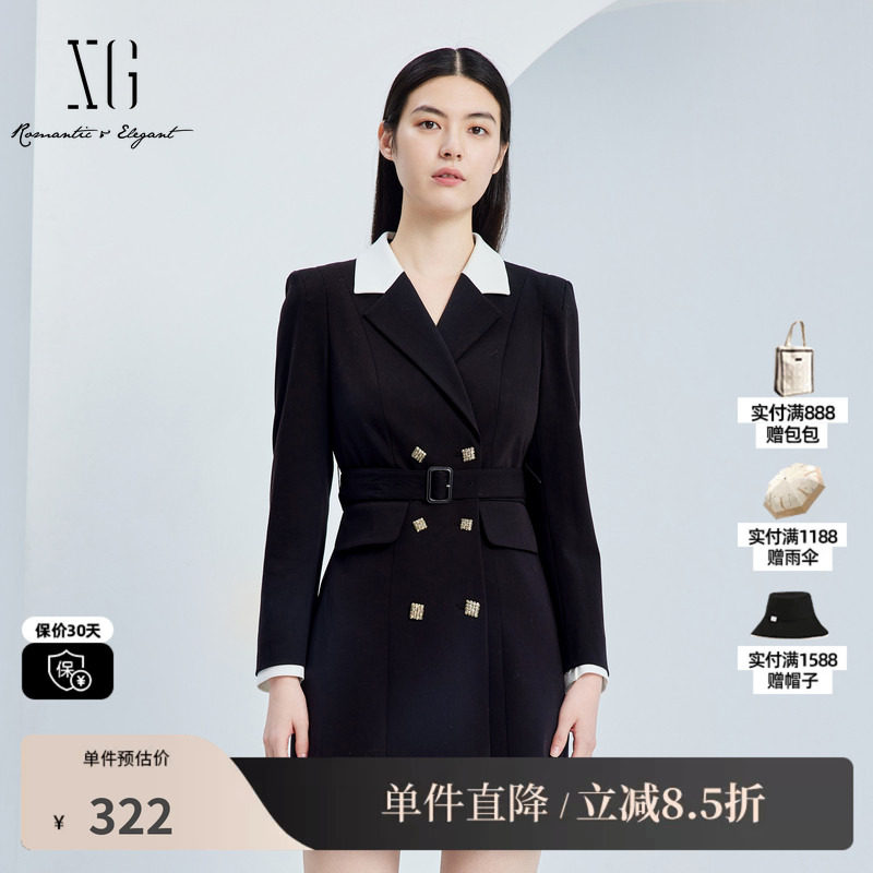 XG/雪歌XJ304025A590 黑翻领拼接长袖连衣裙通勤西装收腰半裙女装