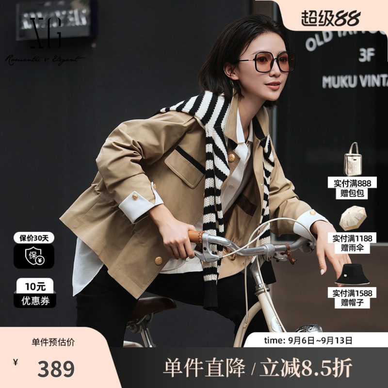 XG雪歌XK308008A309撞色袖口休闲风衣2025秋季新款咖色翻领外套女