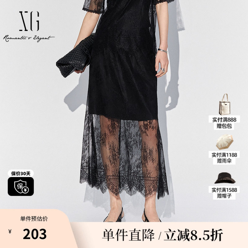 XG/雪歌XL203519A884蕾丝网纱拼接半身裙2025夏季新款直筒长裙女
