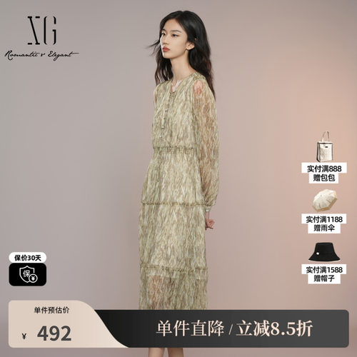 XG/雪歌XK304007B294系带领连衣裙2025秋季新款微透碎花中长裙女