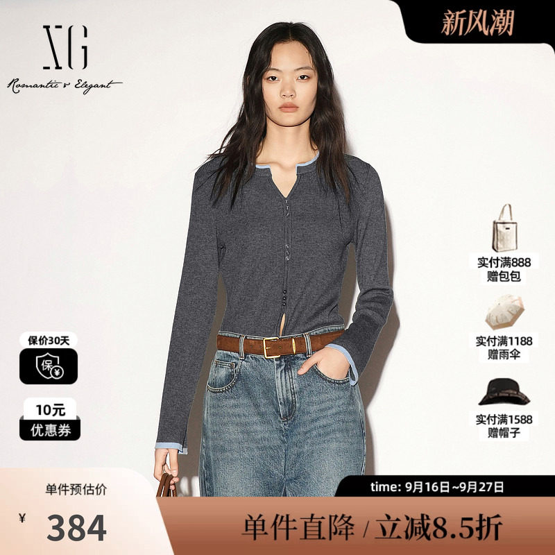 XG/雪歌 XL311013A483深灰色羊毛混纺撞色圆领长袖针织衫毛衣女装