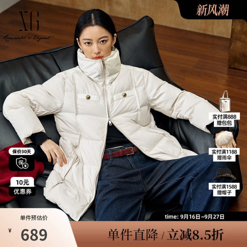 XG雪歌XK406031A591中长款鸭绒羽绒服2025冬季新款厚款高领外套女
