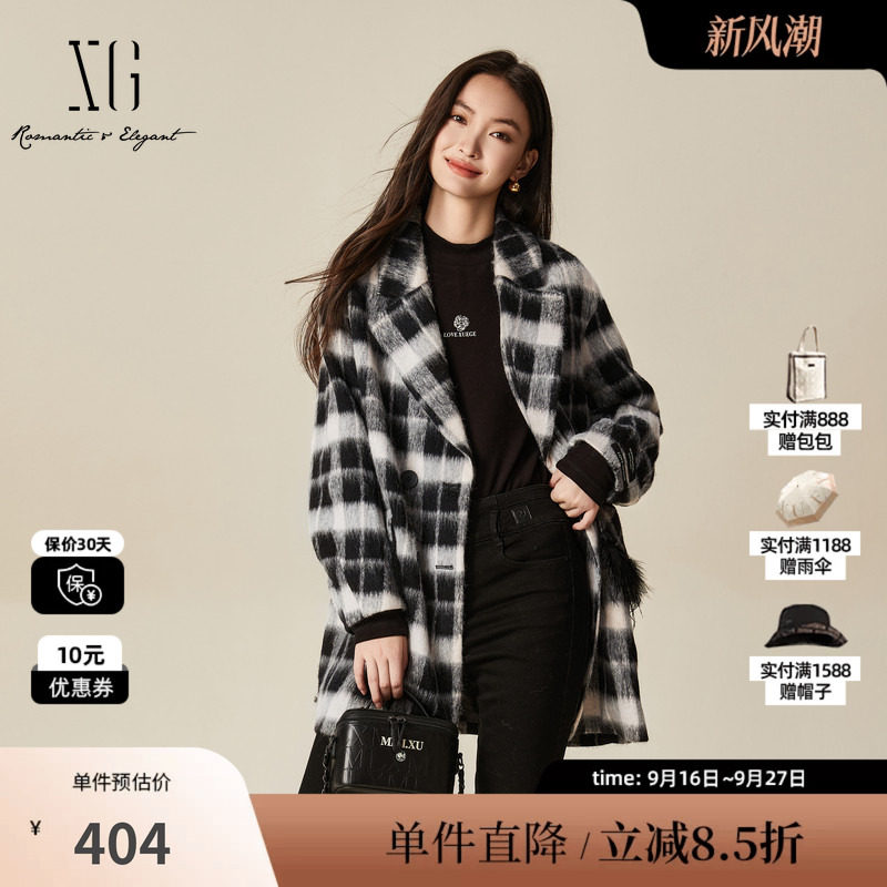 XG/雪歌XJ410036B495 黑白格纹毛呢外套中长款通勤羊毛混纺大衣女