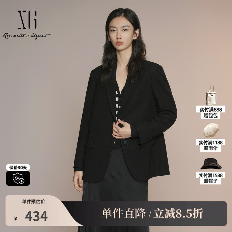 XG雪歌XK307025A690黑色长袖休闲西装2025秋季新款挺括西装外套女
