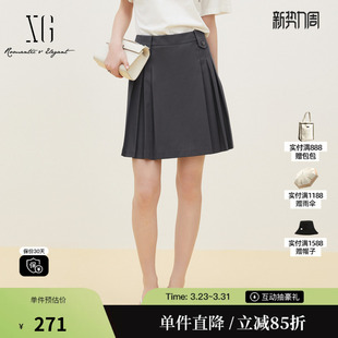 雪歌XK203030A983灰色百褶半身裙腰袢A字直筒休闲拉链中裙女装