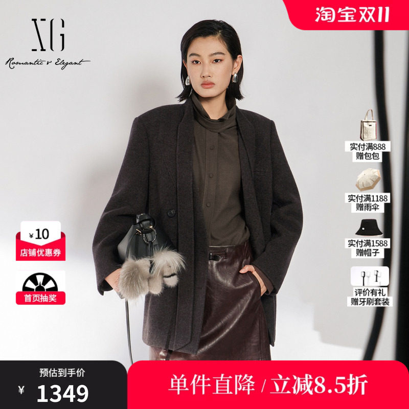 XG/雪歌 XL410032A574棕色100%绵羊毛系带西装毛呢外套保暖大衣女