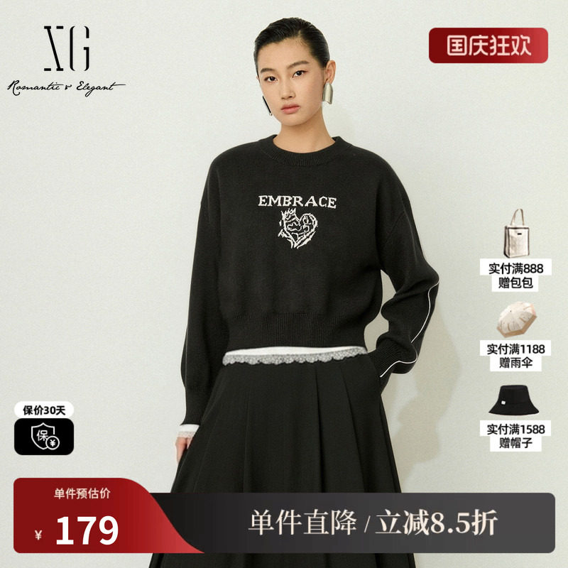 XG/雪歌 XJ411774A890黑色100%绵羊毛刺绣圆领针织衫加厚休闲女装