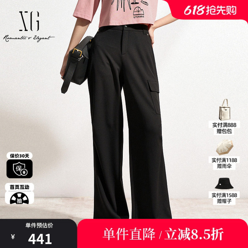XG/雪歌XL102022A290工装直筒休闲裤宽松阔腿通勤黑色口袋长裤女